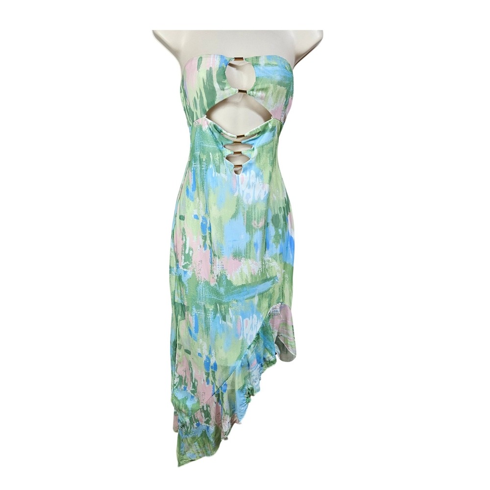 Abstract Print Strapless Cutout Ruffle Midi Dress XS/S Resortwear Beach Festival